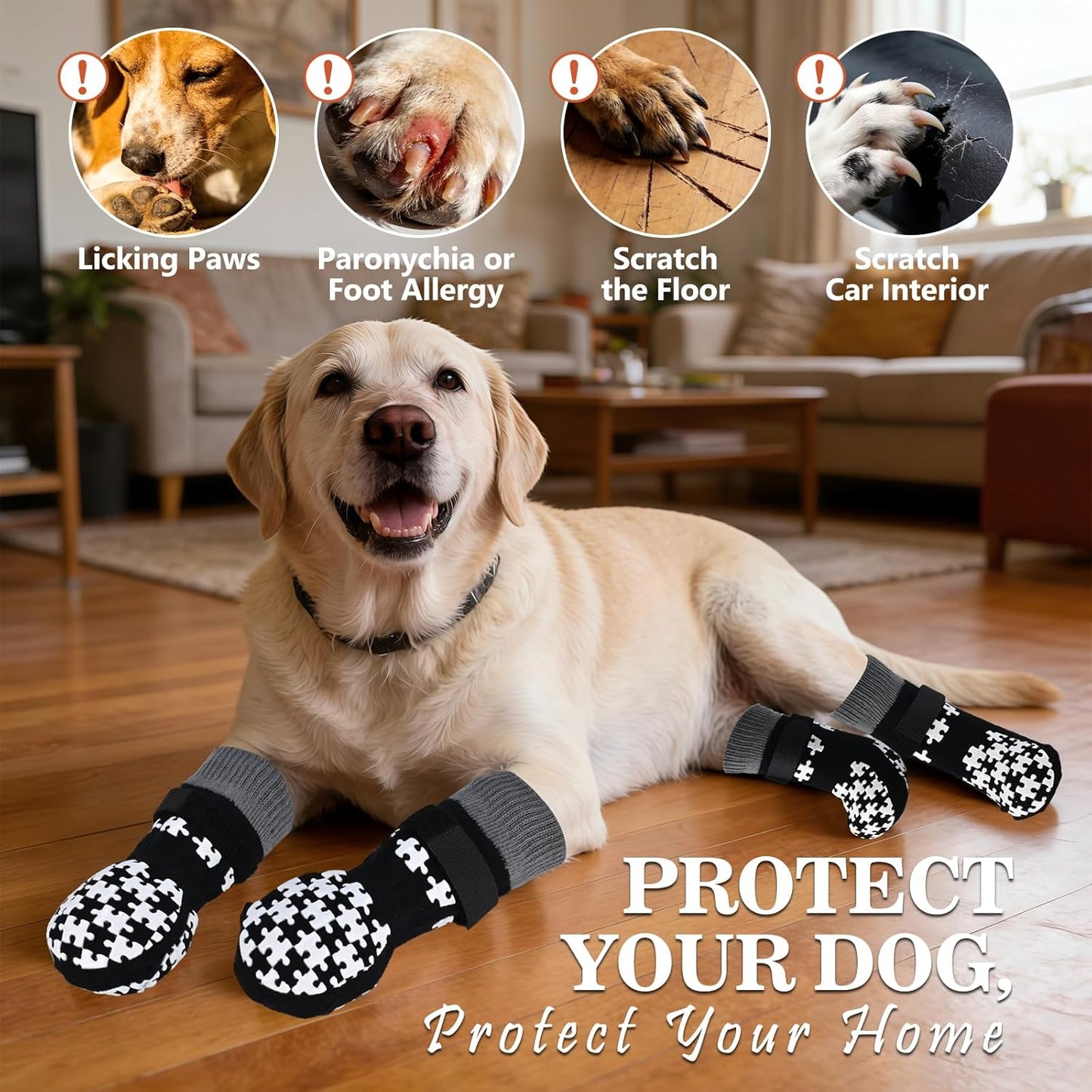 Dog Grippy Socks for Senior Dog - Double Side Dogs Booties to Prevent Licking, Boots & Paw Protectors for Hardwood Floors, No Twist Non Slip Socks for Small Medium Large Dogs, Black, L