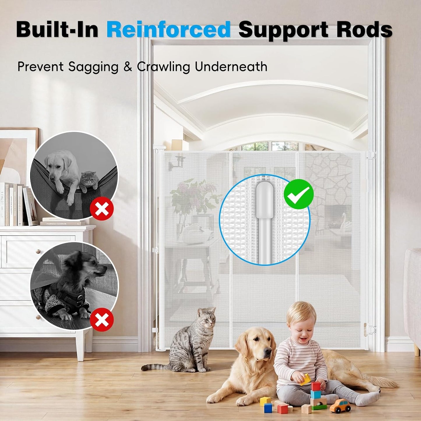 Reinforced 52" Extra Tall Dog Gate for Doorway, Jump-Resistant & Prevent Crawling Underneath Retractable Dog Gates Indoor, 0-55" W Retractable Baby Gate for Doorway, Safety Extra Tall Cat Gate, White