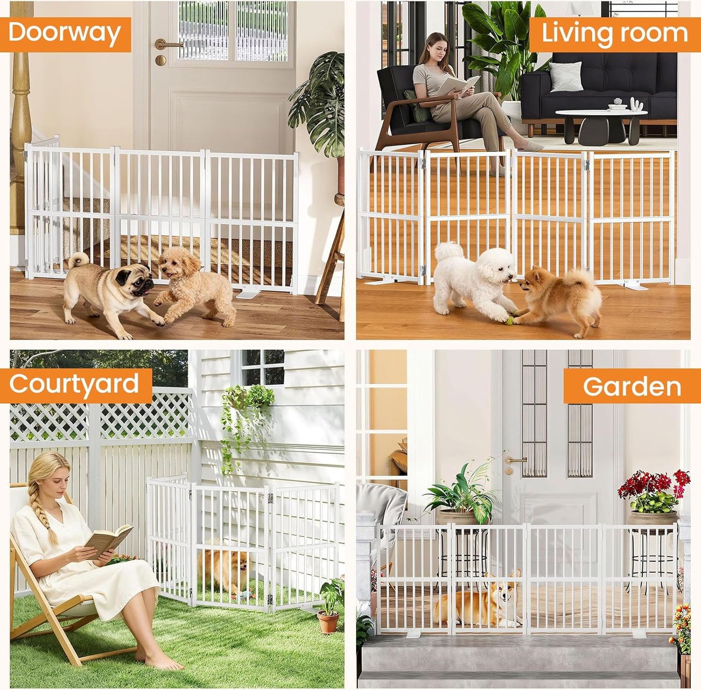 Snughome Short Dog Gate Indoor, 16" High Freestanding Small Dog Door Gates with Support Feet, Expands Up to 48’’ Wide Foldable Pet Gate for Doorway, 4 Panel Folding Pet Door Pet Fence for Puppy, White