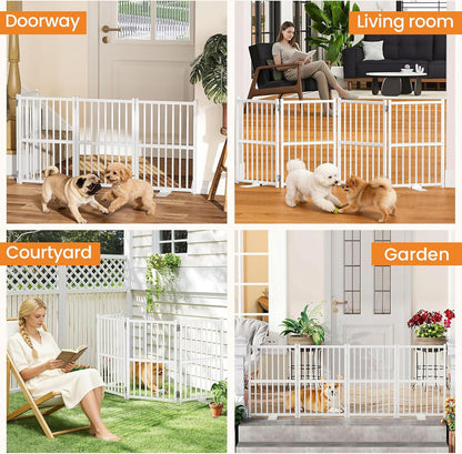 Snughome Short Dog Gate Indoor, 16" High Freestanding Small Dog Door Gates with Support Feet, Expands Up to 48’’ Wide Foldable Pet Gate for Doorway, 4 Panel Folding Pet Door Pet Fence for Puppy, White
