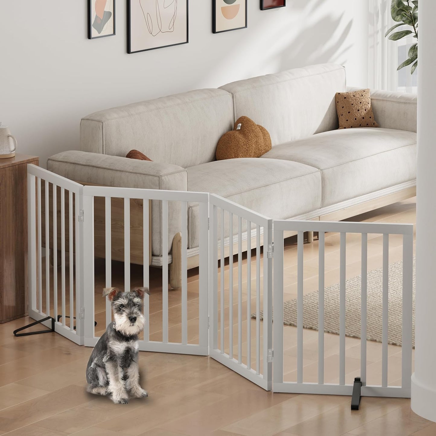 Freestanding Foldable Dog Gate - 4 Panel Room Divider with Metal Support Feet (Black)