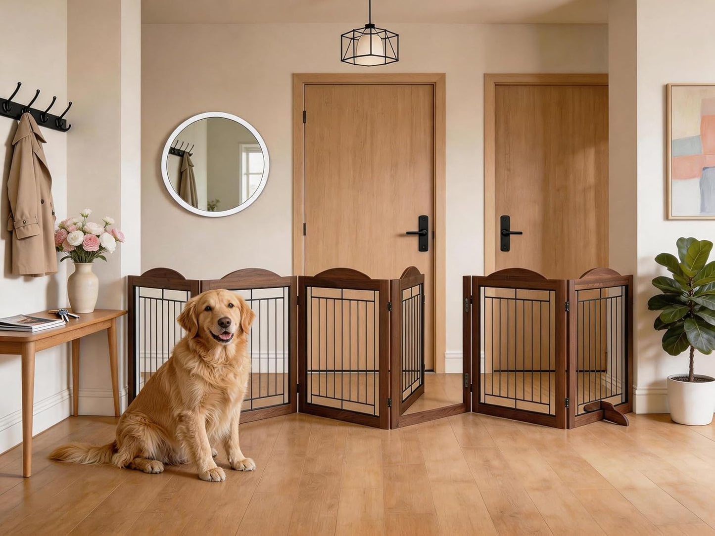 Vantas Espresso Wooden Folding Dog Gate 144" Wide x 30" Tall with Door, Freestanding Pet Gate, Pet Puppy Safety Fence