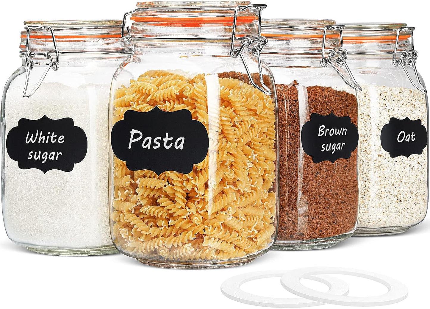 [UPGRADE] 2 Pack Square Super Wide Mouth Airtight Glass Storage Jars with Lids, 1.1 Gallon Glass Container with 2 Measurement Marks, Canning Jars with Leak-proof Lid for Kitchen (Spare Gasket)