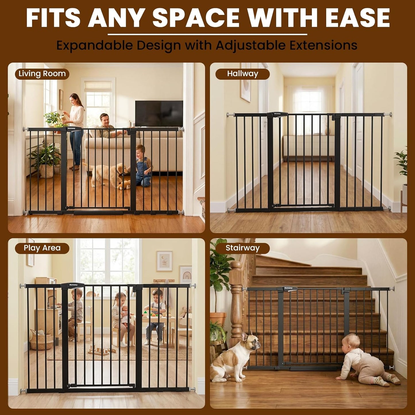 Mumeasy Baby Gate Extra Wide, 29.7-51'' Pressure Mounted Dog Gate with Walk Thru Door, Auto Close Pet Gate for House, Stairs, Doorways,Black