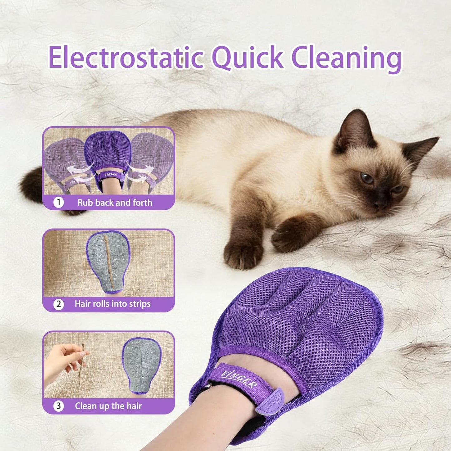 VINGER Pet Hair Removal Glove for Cats & Dogs, Electrostatic Pet Hair Gloves with Adjustable Wristband, Five-Finger Magic Brush Remover Tool for Laundry, Carpet, Couch, Car Seats & Clothing (Black)