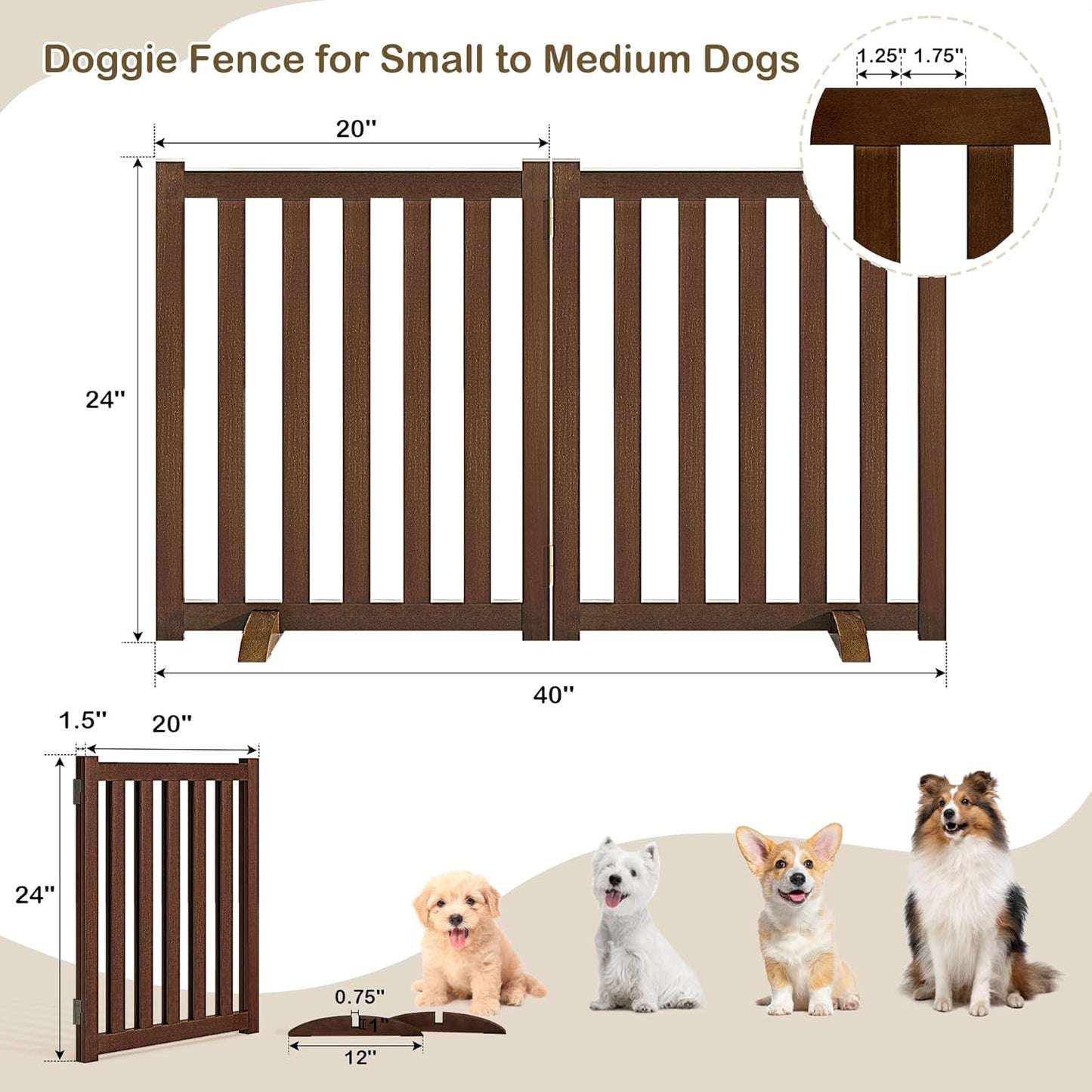 36" Height Extra Tall Freestanding Pet Gate, Solid Wood Folding Safety Fence Wooden Dog Gate with 2 PCs Support Feet Ideal for Stairs, Doorways, Halls, Kitchens, Heavy Duty Gates, 3 Panels, Oak
