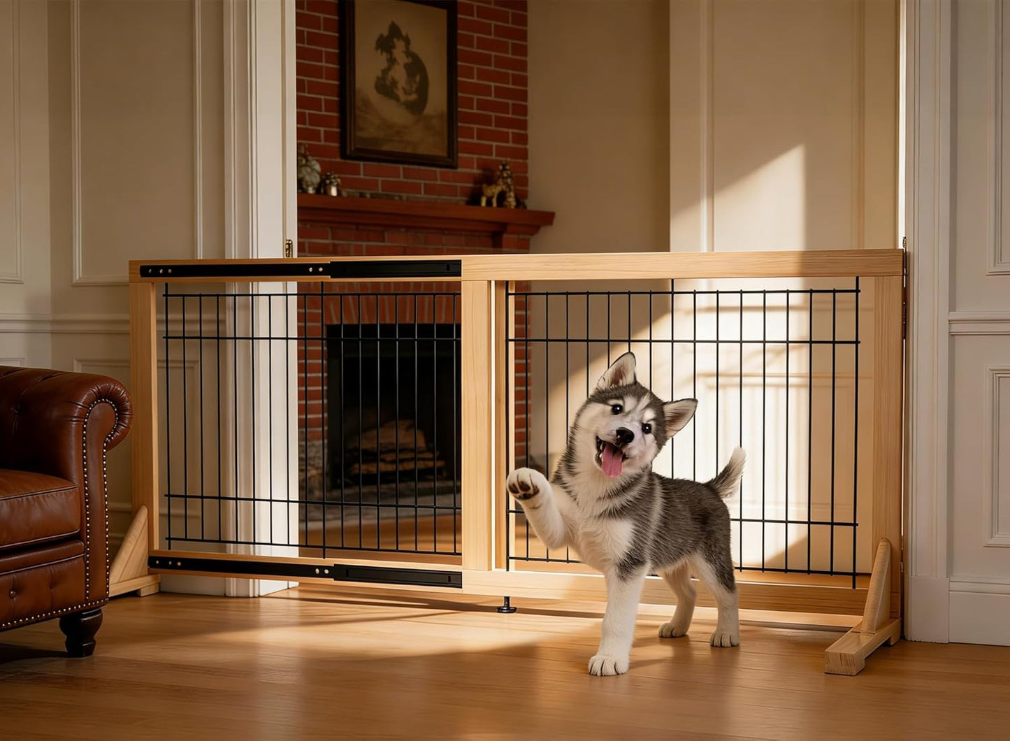 Extra Wide Freestanding Dog Gate, Adjustable Width 31.5"–61", 19.7" Tall Indoor Pet Gate for Kitchen, Living Room & Stairs, Wooden Metal Frame No-Drill Pet Barrier
