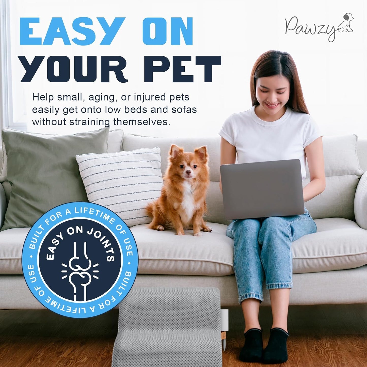 PAWZY Dog Stairs for Medium-Height Beds & Couches, 3-Step Foam Pet Steps 15.5” High for Small Dogs & Cats up to 60 lbs, Wide Non-Slip, Waterproof Washable Zipper Cover, No Assembly, Grey