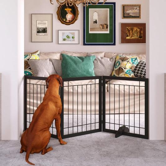 JSB 96-inch Extra Wide 30-inch Tall Dog gate with Door Walk Through, Freestanding Pet Gate for Halls, Stairs & Home, Pet Puppy Safety Dog Fence with 2PCS Support Feet (Black)