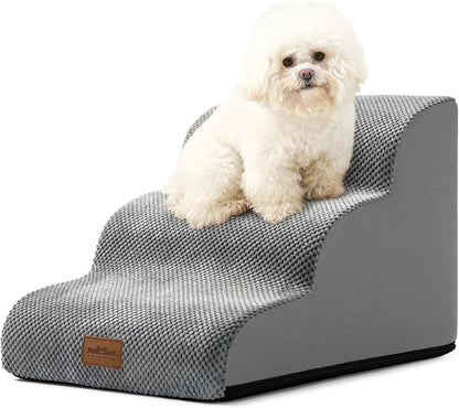 COZY KISS Dog Stairs for Small Dogs 15.7" H, Curved Dog Step for Puppy, Older Cat, Medium Pet Ramp for Sofa, Couch or Chair, Ladder with High Density Foam, 3 Step, 15.7x22.4x15.7 inch, Beige