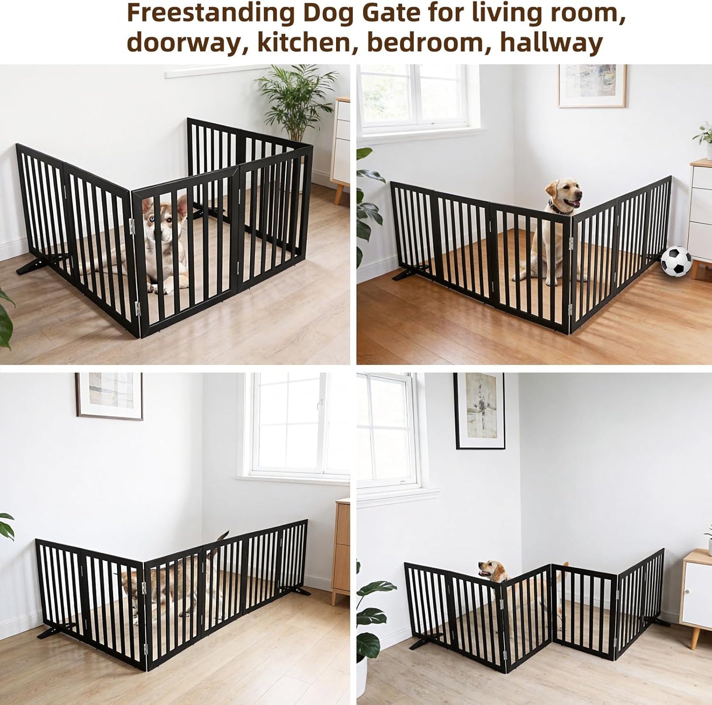 ZJSF Freestanding Indoor Dog Gate for House Foldable Wood Puppy Gate for Doorways Pet Gate for Stairs Extra Wide Pet Fence, Brown, 24" Height 3 Panels