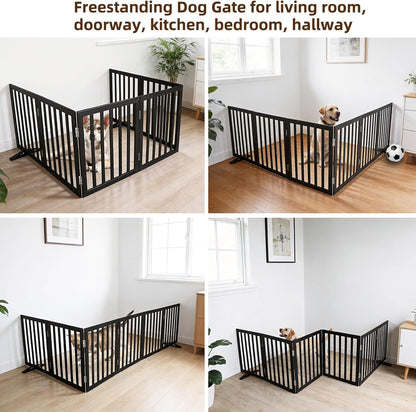 ZJSF Freestanding Indoor Dog Gate for House Foldable Wood Puppy Gate for Doorways Pet Gate for Stairs Extra Wide Pet Fence, Brown, 24" Height 3 Panels