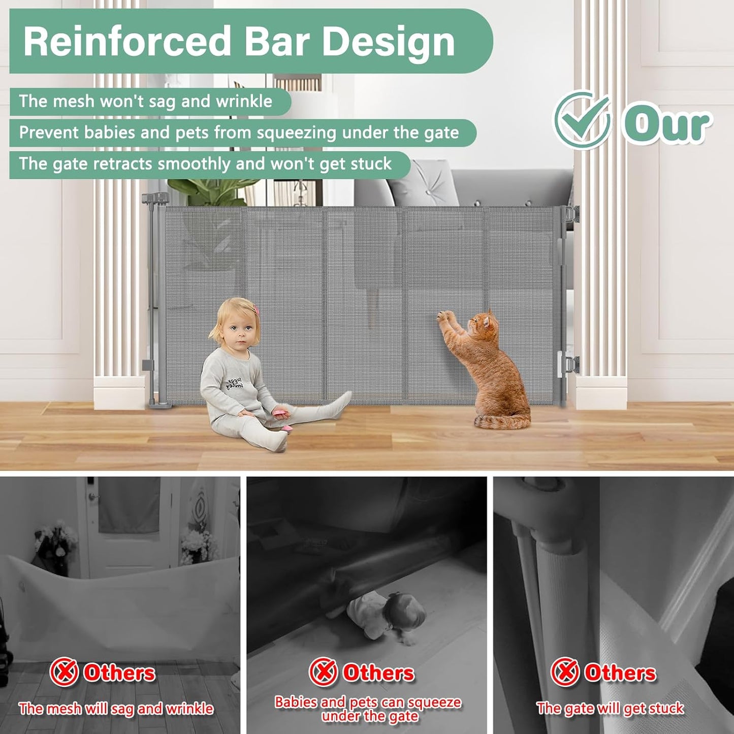 Reinforced 26 Inch Tall Retractable Child Gate to Step Over 55" Wide Small Retractable Baby Gates for Stair Retractable Dog Gate Short Mesh Dog Gate Retractable Toddler Gates for Doorways Doggy Gate