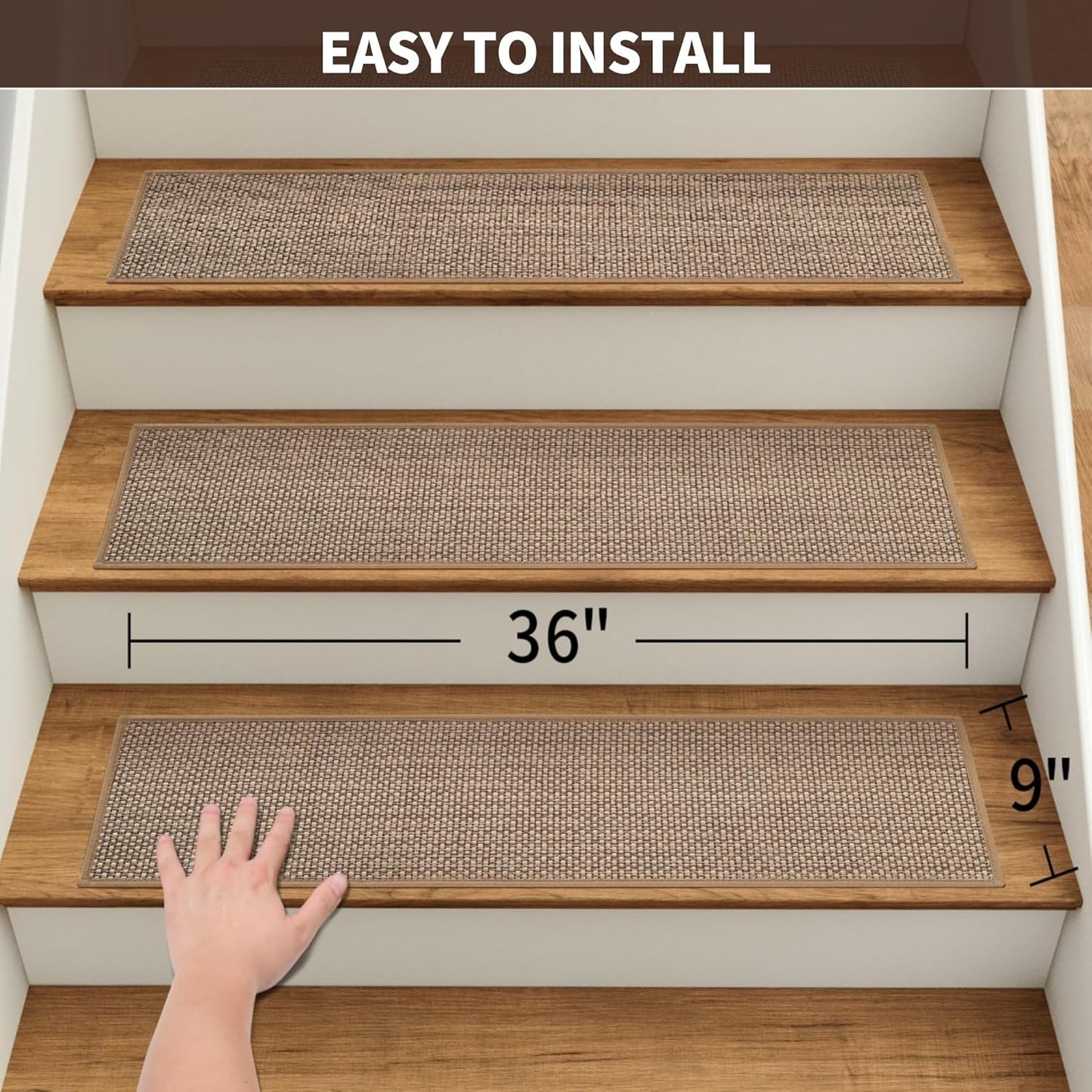 GROWLING Linen Stair Treads for Wooden Steps Indoor 30x8 inch, 15pcs Upgraded Self Adhesive Backing Non Slip Stair Carpets, Peel and Stick Stair Runner Rugs, Reusable Staircase Step Treads(Brown)