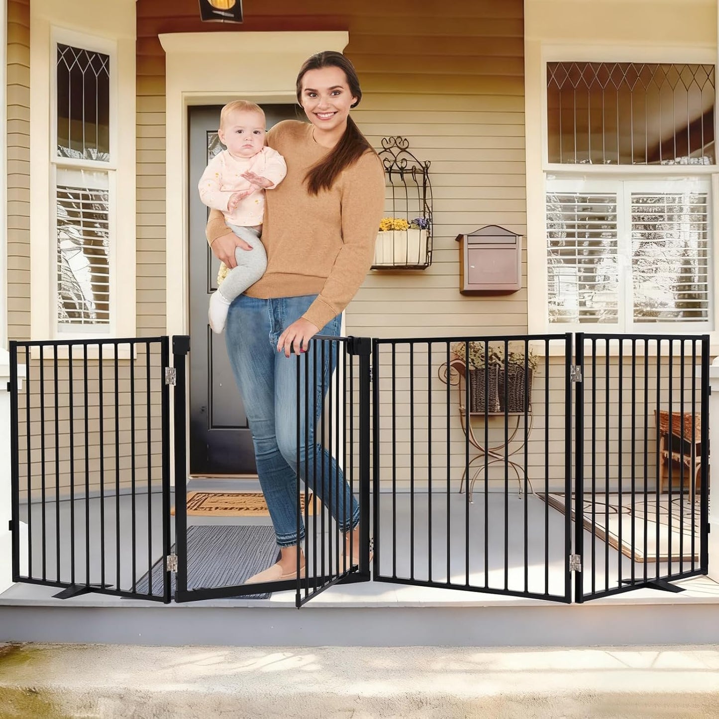 104" Extra Wide Dog Gate, Heavy Duty Metal Freestanding Dog Gate with Door for Indoor & Outdoor, Foldable Pet Fence for Doorways,House,Porch,Deck,Yard,Stairs, Auto Close(4 Panels,Black)