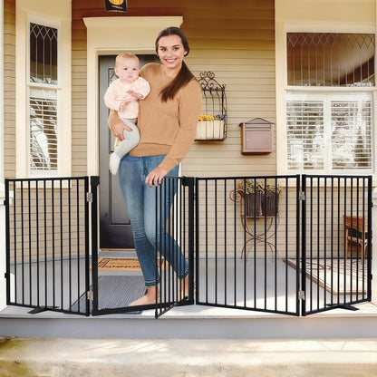 104" Extra Wide Dog Gate, Heavy Duty Metal Freestanding Dog Gate with Door for Indoor & Outdoor, Foldable Pet Fence for Doorways,House,Porch,Deck,Yard,Stairs, Auto Close(4 Panels,Black)