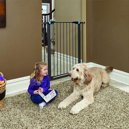 MidWest Homes for Pets 39 Inches Tall Walk-Though Steel Pet Gate, Pressure Mounted Dog Gatewith Glow Strip Measures 29-38 Inches Wide & Includes Two 3-Inch-Wide Extensions, Graphite