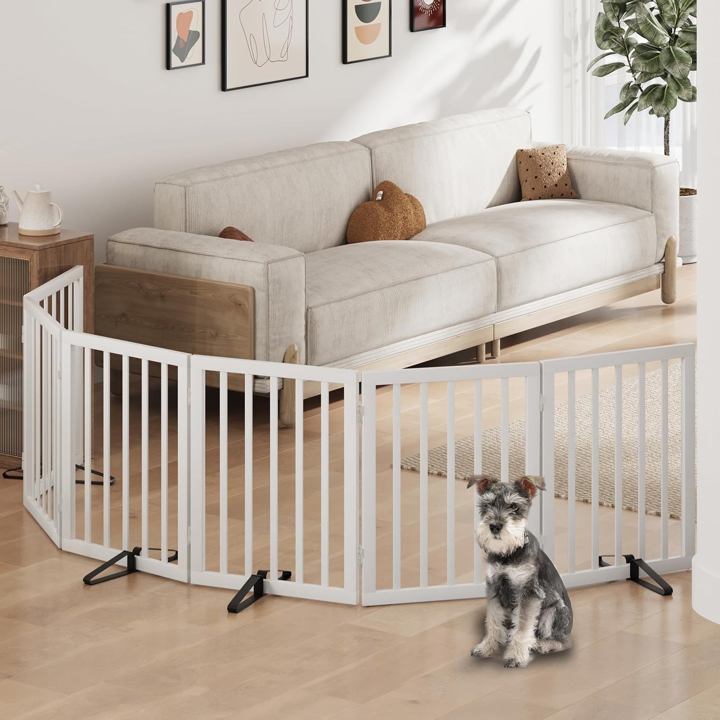 Freestanding Foldable Dog Gate - 4 Panel Room Divider with Metal Support Feet (Black)