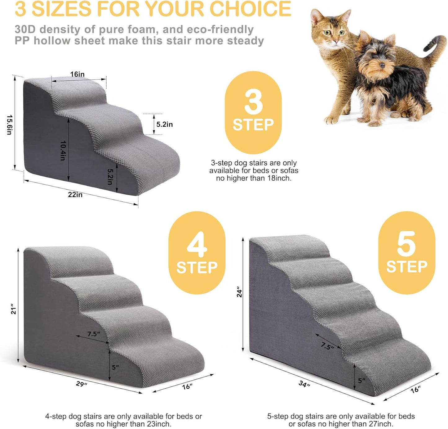 CiWiVOKi Dog Stairs for Bed, 5-Step Dog Steps for Couch and High Bed, Non-Slip Pet Stairs, 24" High Sofa Foam Ramp - Best for Small Pets, Older Cats with Joint Pain