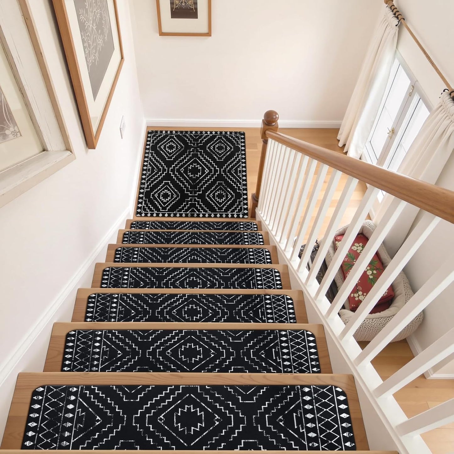 OJIA Boho Stair Treads Non-Slip Stair Runners for Wooden Steps Indoor 15PCS 30"x8" Washable Carpet Stair Treads Stair Mats Staircase Step Treads for Kids, Elders and Dogs, Stair Covers, Black