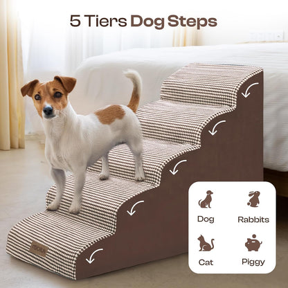Dog Stairs for High Beds Up to 30", Extra-Tall 5-Step Dog Steps for Bed, 24.5" Tall Foam Pet Stairs for Small & Medium Dogs, Gentle Slope Cat Ramp for Bed with Washable Cover