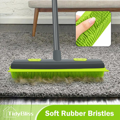 TidyBliss Pet Hair Removal Broom, 57.5 inches Rubber Brush Carpet Rake with Silicone Squeegee, Fur Remover Tool with Detailing Lint Comb for Cleaning Rug, Tile, Hardwood Floor (Gray Orange)