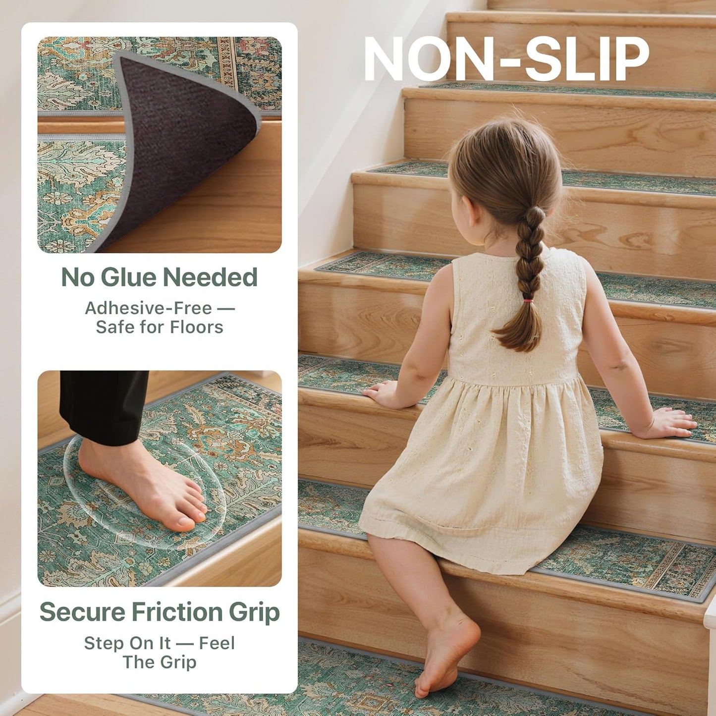 sarben Non Slip Stair Treads for Wooden Steps 15PCS - 8"x30" Indoor Safety Carpet, Edging Mats with TPE Adhesive Backing, Pet and Elderly Friendly Stair Rugs (Taupe) - Colors A