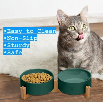Ceramic Cat and Small Dog Bowl Set – Modern Indoor Small Size Pet Food and Water Bowls with Wood Stand – Non Slip Puppy Sized Feeding Station with Double Dishes (Gray)