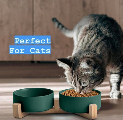 Ceramic Cat and Small Dog Bowl Set – Modern Indoor Small Size Pet Food and Water Bowls with Wood Stand – Non Slip Puppy Sized Feeding Station with Double Dishes (Gray)