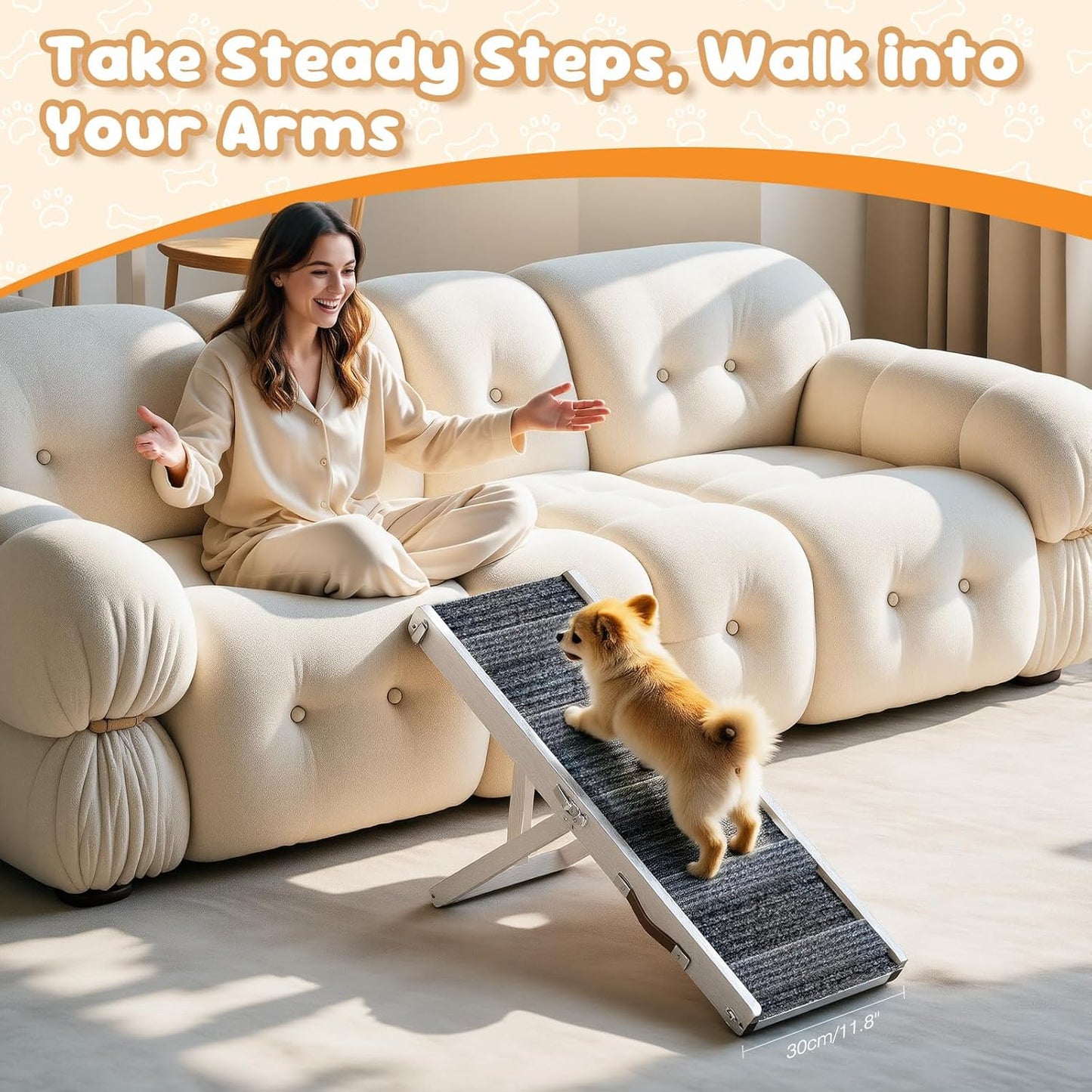 Pawaboo Foldable Dog Ramp, Small Dog Ramp for Couch, 4 Adjustable Height from 13'' to 21", Stable Pet Steps with Non-Slip Pad, Portable Pet Ramps Use for Couch Sofa Stairs, Wood