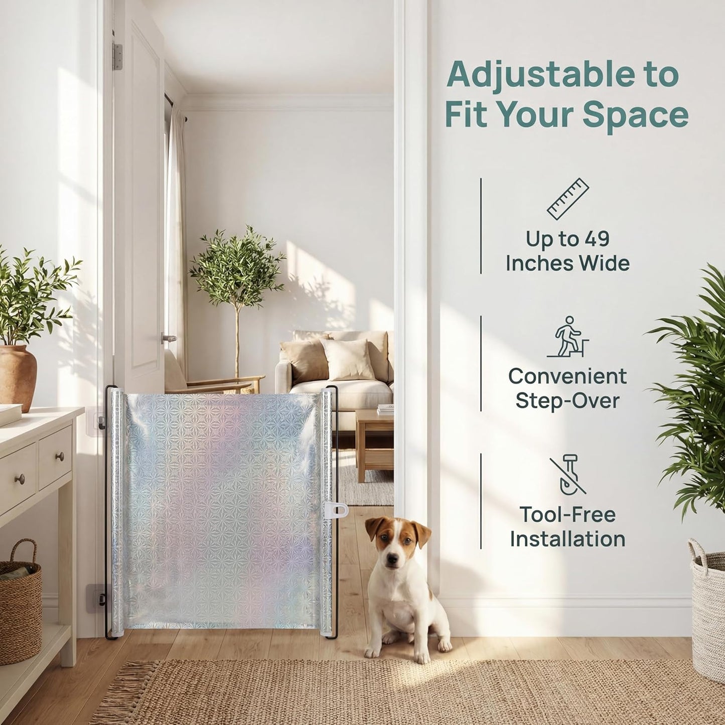 17" Step Over Retractable Dog Gate, 49" Wide Adjustable No-Drill Pet Barrier, Plastic Indoor Puppy Gate for Doorways Stairs Hallways, Small Dog Containment with Adhesive Hooks