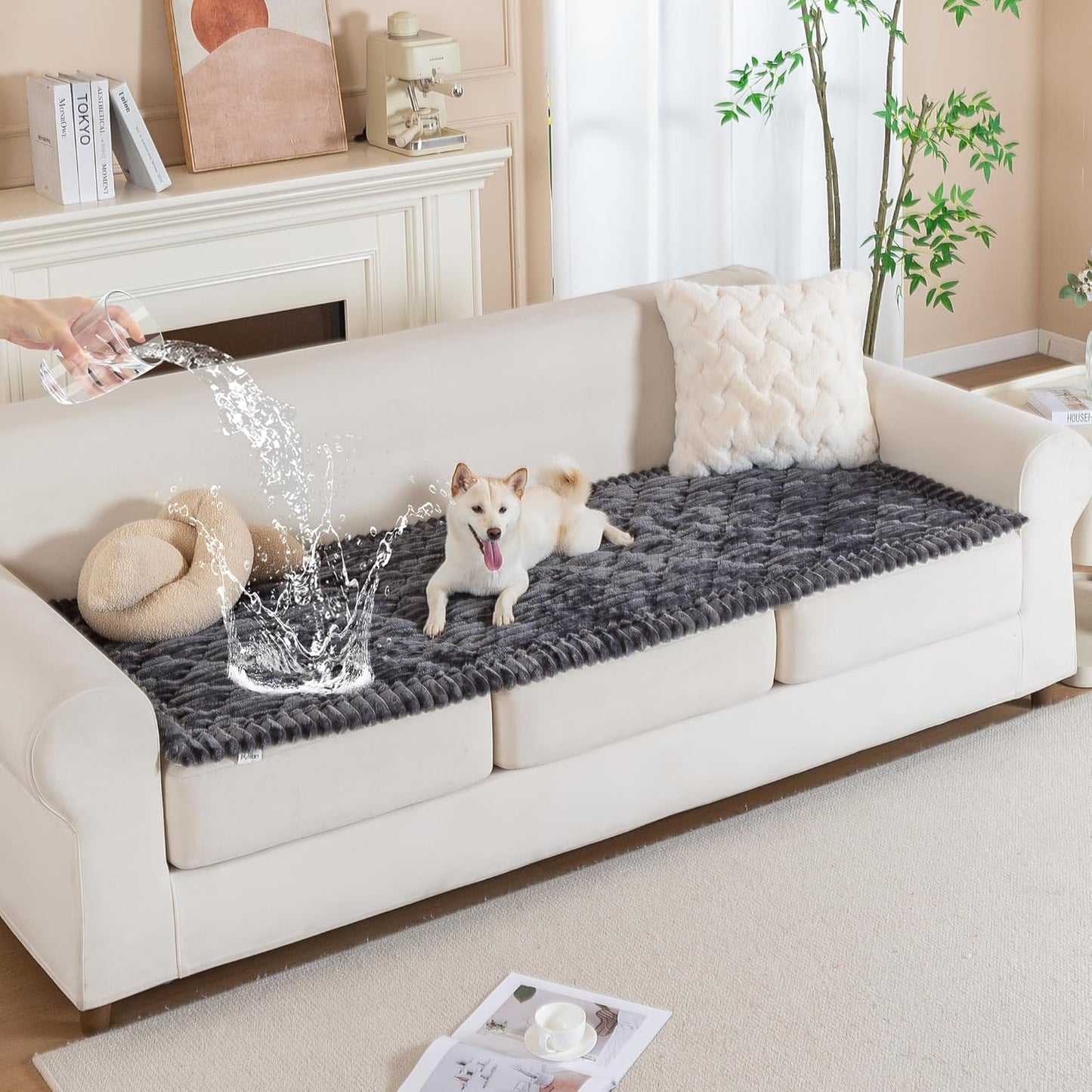 PuTian 100% Waterproof Fuzzy Couch Cover for Dogs Washable Non-Slip Furniture Cover Pet Friendly Dog Mat for Couches and Sofas White 27.6''x59'' 70cmx150cm