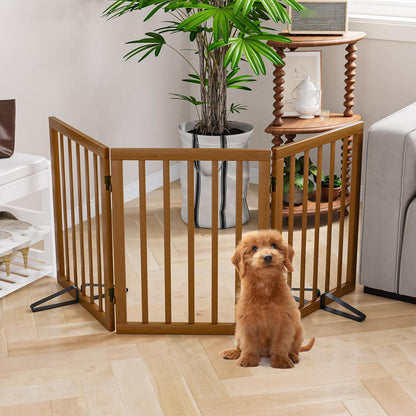 Freestanding Dog Gates Indoor, 3-Panel Pet Gates with 2 Metal Stands and 360° Hinge, 24" H Foldable Dog Gate for Stairs, Doorway, Kitchen, Expands Up to 55" Fully Assembled - Black Walnut