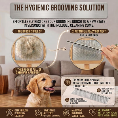 Slicker Brush for Doodles and Poodles - 2-Piece Solid Wood Dog Grooming Set with Extra Long Pin Dematting Tool and Metal Comb for Curly, Matted & Thick Hair, Purple