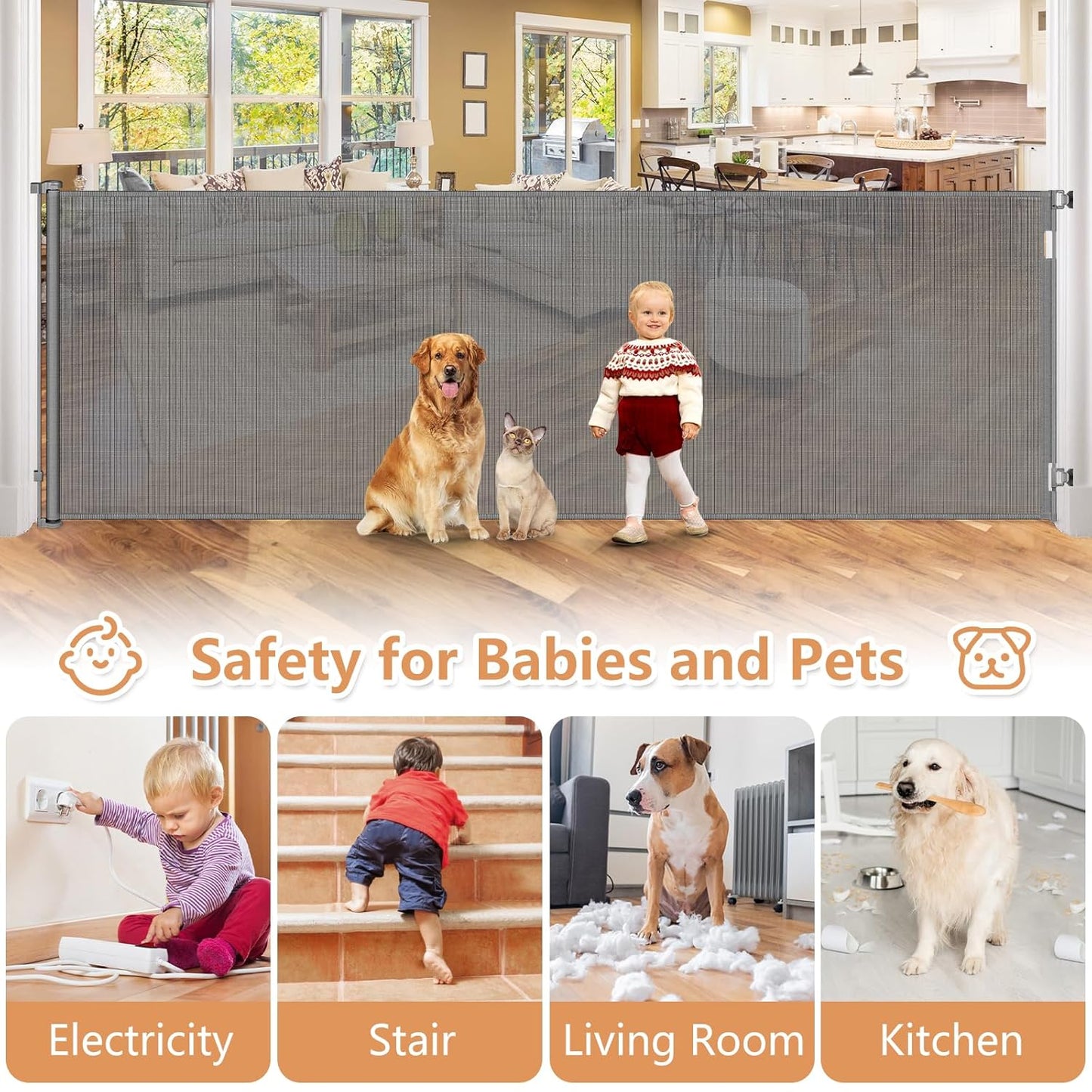 48" Extra Tall Retractable Dog Gate Indoor Prevent Your Baby/Dog/Cat from Jumping Over 55" Wide Extra Tall Retractable Baby Gate for Doorway Mesh Gates for Kids or Pets Puppy Gates for the House, Gray