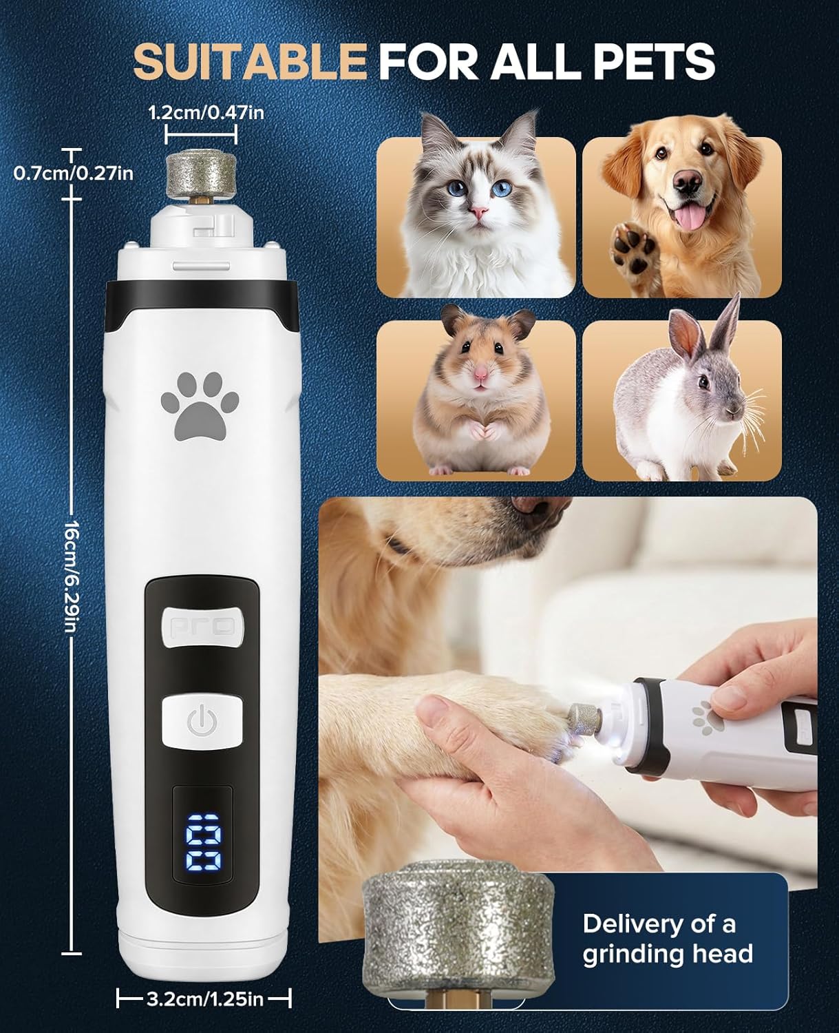 Dog Nail Grinder with 2 LED Lights, Upgraded 2-Speed Rechargeable Pet Nail Trimmer Quiet for Paw Grooming, Powerful Painless Nail Clipper Kit for Small, Medium, Large Dogs & Cats