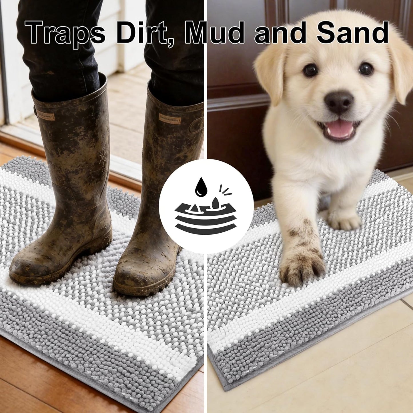 pobopobo Dog Door Mat for Muddy Paws - Absorbent & Washable Chenille Rug, Non-Slip Dirt Trapper for Indoor Outdoor Entryway, Quick Dry Pet Mat for Muddy Dogs (Striped Gray-Blue&White, 24" x 16")