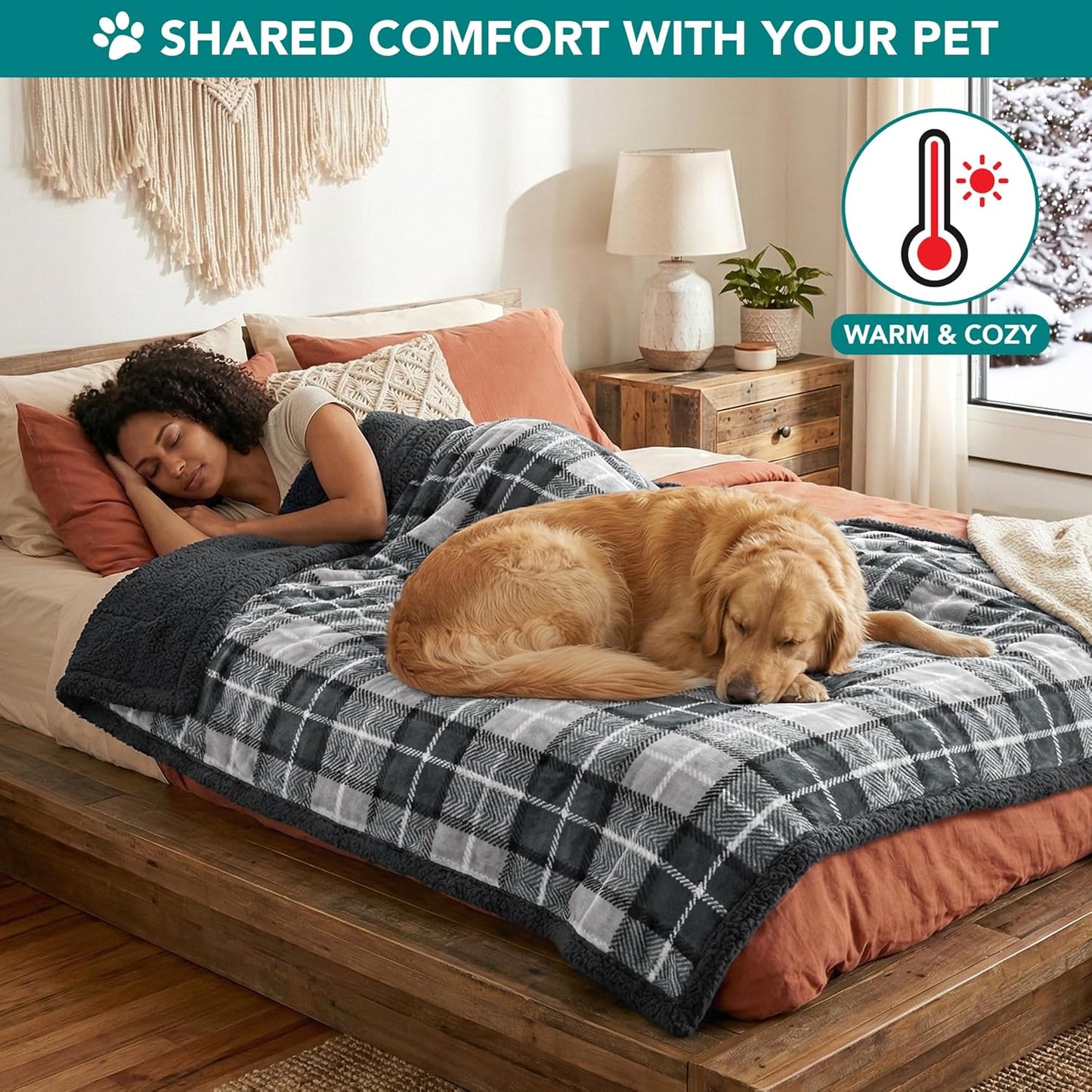 PetAmi Dog Blanket for Medium Large Dogs, Pet Bed Blanket Cat Puppy Kitten, Fleece Furniture Couch Cover Protector Sofa Car, Soft Sherpa Dog Throw Plush Reversible Washable, 40x60 Plaid Dark Gray