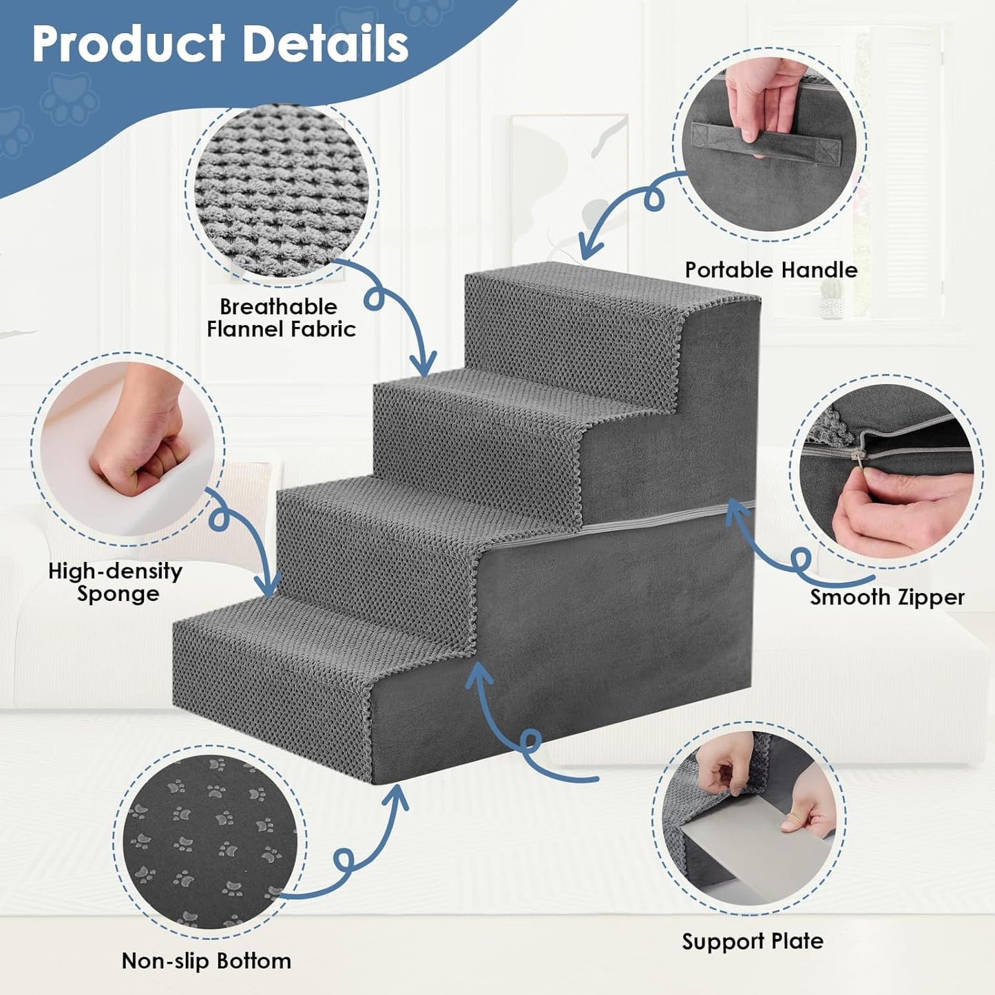 DUMOS Dog Stairs for Small and Medium Dogs, 3-Step Pet Steps with High-Density Foam, Indoor Non-Slip Pet Ramp for Puppy and Older Dogs Cats, Dog Bed Stairs for Couch and Sofa, Grey