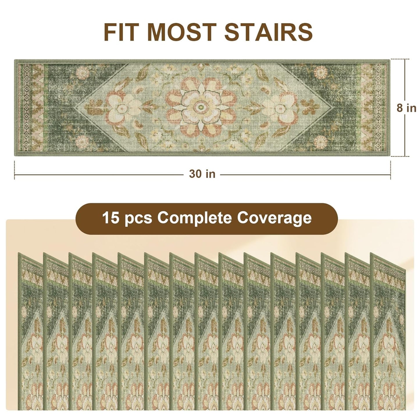 Non Slip Stair Treads for Wooden Steps Indoor, Dark Grey, 15pcs, 30"X8", Soft Carpet Mat, Machine Washable Boho Carpet Treads with Reusable Adhesive Backing, Safety Stair Tread for Dogs, Kids, Elders