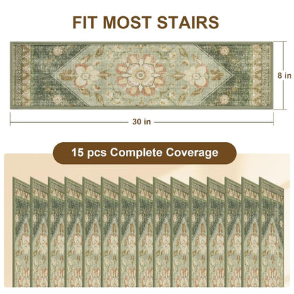 Non Slip Stair Treads for Wooden Steps Indoor, Dark Grey, 15pcs, 30"X8", Soft Carpet Mat, Machine Washable Boho Carpet Treads with Reusable Adhesive Backing, Safety Stair Tread for Dogs, Kids, Elders