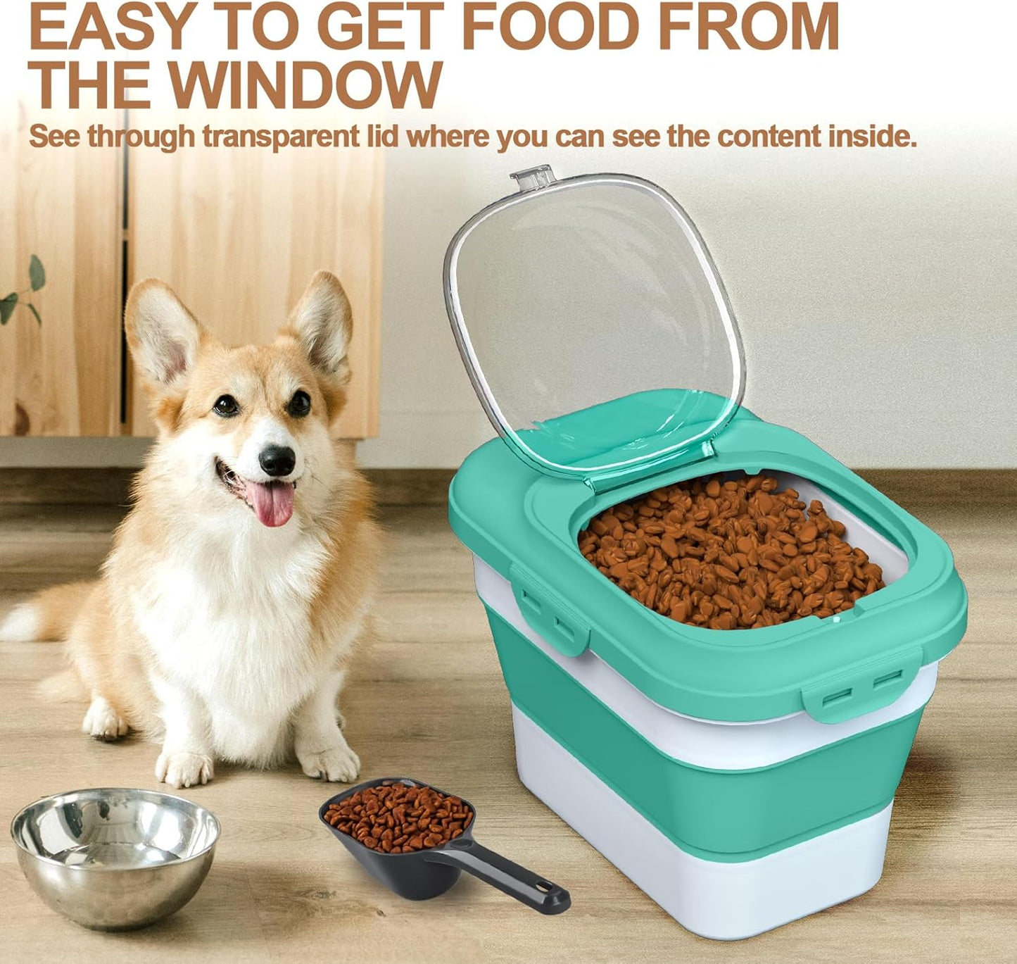 TIOVERY Dog Food Storage Container Small, 10-13lbs Collapsible Dog Cat Food Containers with Airtight Clear Flip-top and Pet Food Scoop, Pet Food Storage Container Bin for Dog Cat Bird Other Pets Grey