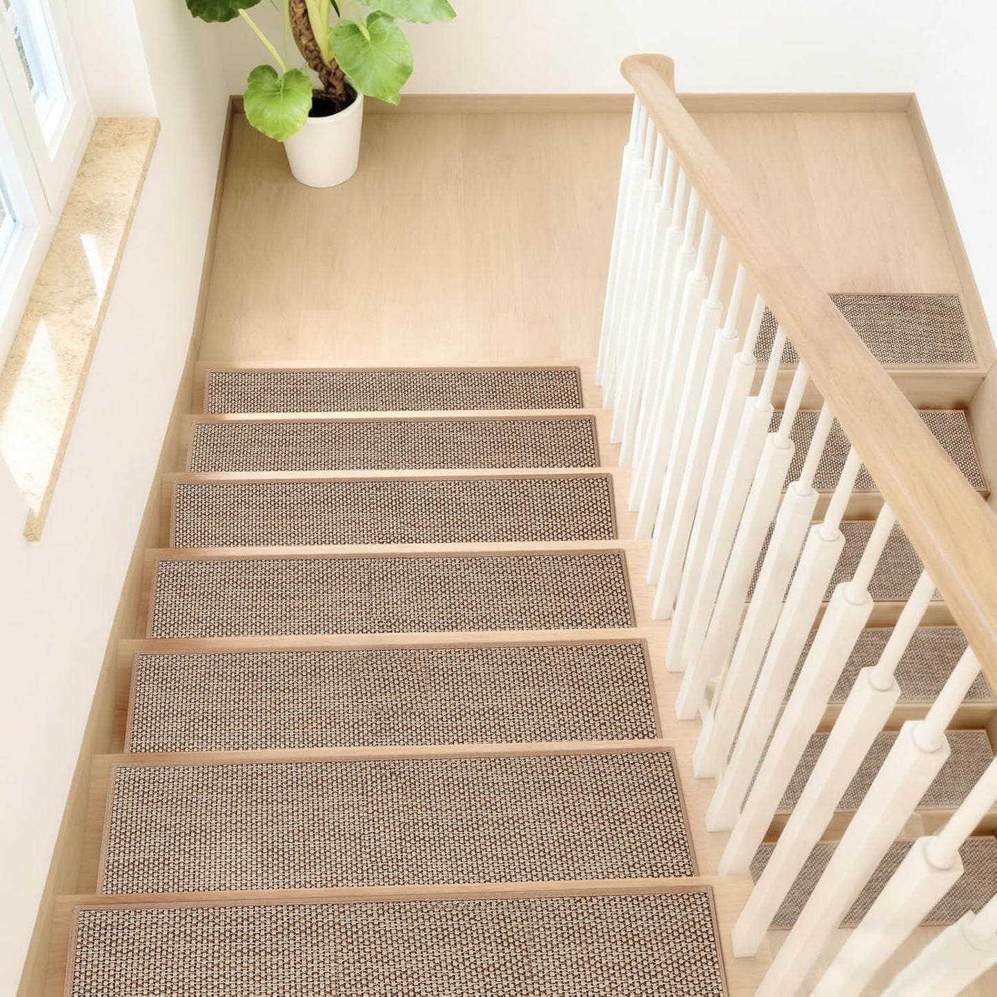 Natural Linen Non Slip Stair Treads, 15 Pack 8" X 30" Carpet Stair Treads with Reusable TPE Adhesive Backing, Non Slip Stair Runner Indoor for Kids Elders and Pets, Machine Washable, Brown Weave