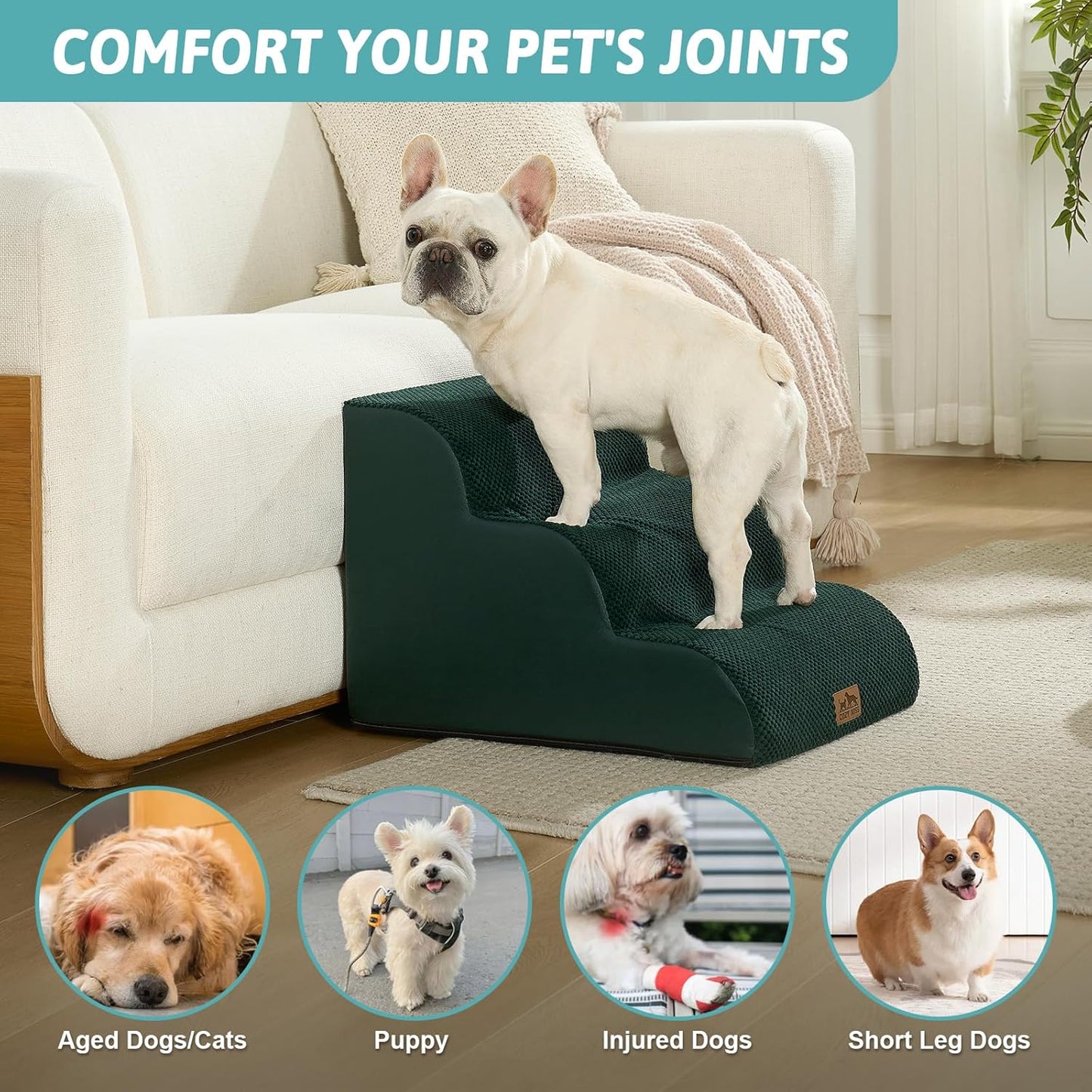 COZY KISS Dog Stairs for Small Dogs 15.7" H, Curved Dog Step for Puppy, Older Cat, Medium Pet Ramp for Sofa, Couch or Chair, Ladder with High Density Foam, 3 Step, 15.7x22.4x15.7 inch, Beige