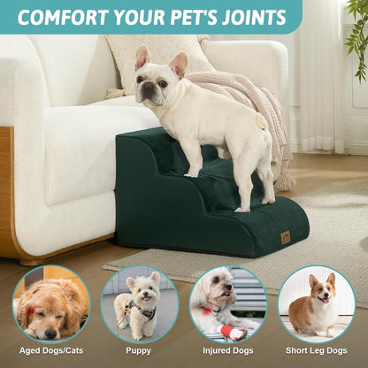 COZY KISS Dog Stairs for Small Dogs 15.7" H, Curved Dog Step for Puppy, Older Cat, Medium Pet Ramp for Sofa, Couch or Chair, Ladder with High Density Foam, 3 Step, 15.7x22.4x15.7 inch, Beige