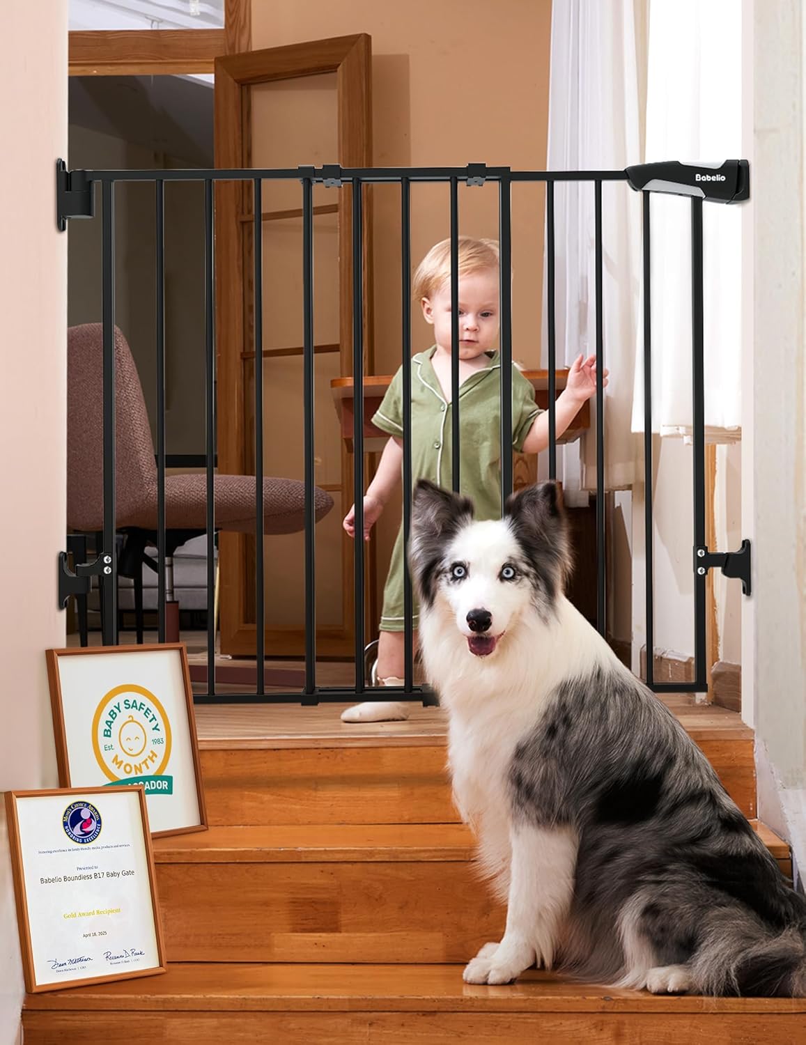 Babelio Baby Gate for Stairs, Kitchen & Doorways, 26-43" W 28" H No Bottom Bar| Easy Installation| One-Handed Operation| Auto-Close| Hardware Mount (Drill Needed) Safety Dog/Pet Gate Indoor (White)