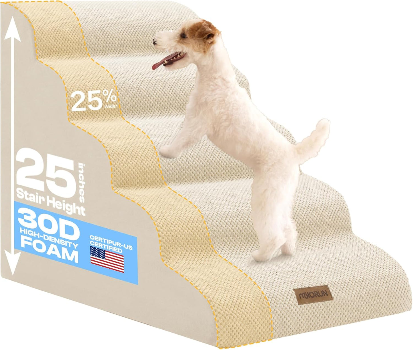 Extra Wide Dog Stairs for Large Dogs Up to 80lbs, 25" Pet Steps for High Bed with Washable Cover, 5-Step Foam Bed & Couch Ladder for Small Medium Dogs & Senior Cat, Gray