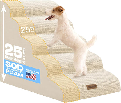 Extra Wide Dog Stairs for Large Dogs Up to 80lbs, 25" Pet Steps for High Bed with Washable Cover, 5-Step Foam Bed & Couch Ladder for Small Medium Dogs & Senior Cat, Gray