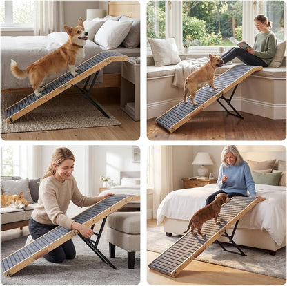 Veehoo Folding Dog Ramp for Bed Couch, 65" Long Stairs for Dogs to Get on High Bed with Platform and 5 Adjustable Height 20" to 31“, Wooden Senior Dog Ramp Steps for Small to Large Dogs, up to 220lbs