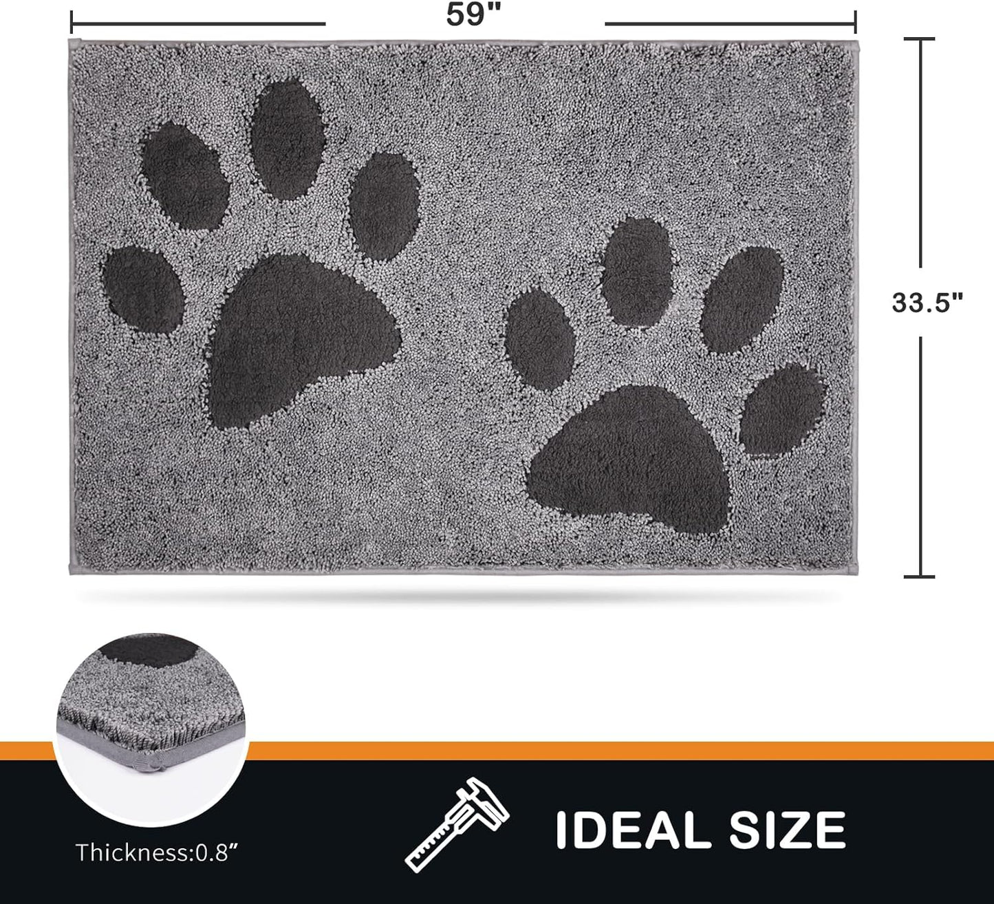 PURRUGS Dirt Trapping Door Mat 20" x 31.5", Non-Skid/Slip Machine Washable Microfiber Entryway Rug, Dog Doormat, Super Absorbent Welcome Mat for Muddy Wet Shoes and Paws, Grey